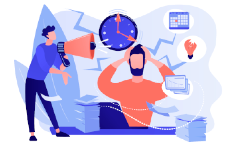 Grafik von zwei Personen in blau und rot gehalten. Die blau gekleidete Person in ein Megafon in Richtung der rot gekleideten Person. Über ihr hängt eine bedrohlich große Uhr. Um sie herum stehen Papierstapel. Die rot gekleidete Person hält sich die Hände an den Kopf.